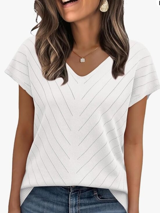 Wiholl Tops - WIHOLL Puff Short Sleeve White V Neck Knit Summer Top (NWT MED)